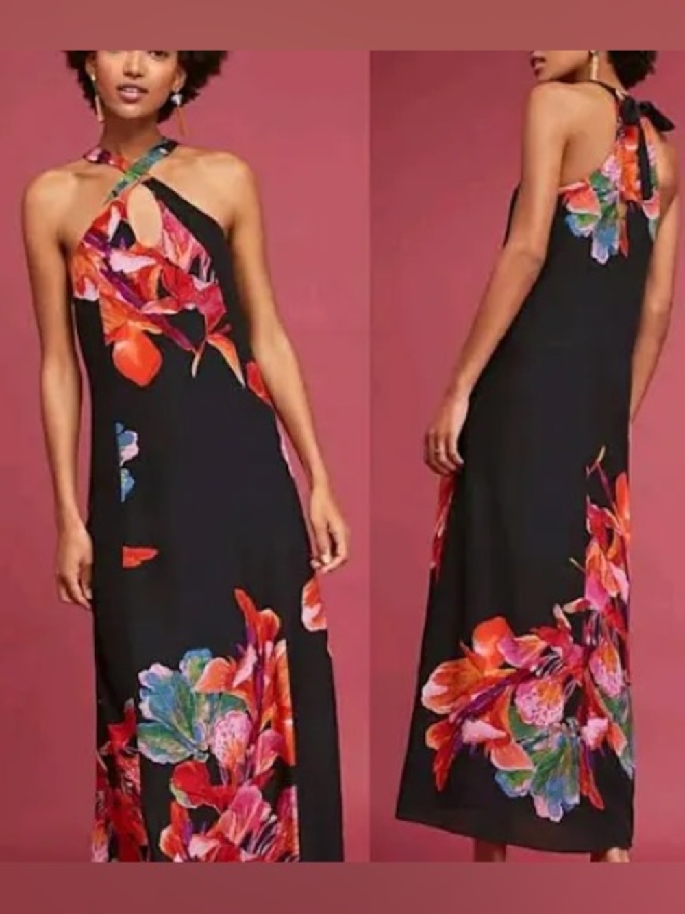 Anthropologie Maeve Cayman Silk Floral Maxi Dress Black Multi size Small